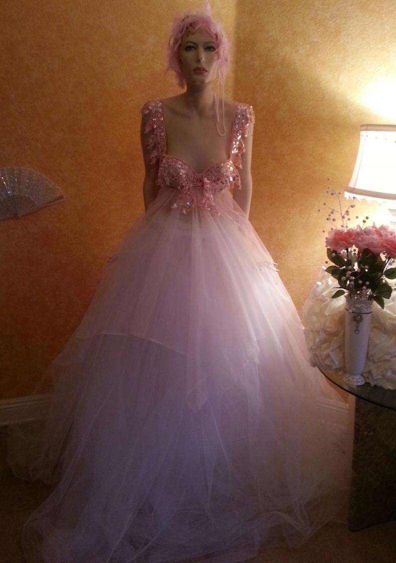 "ANITRA" Silver, White & Pink Lace & Tulle Wedding Ballgown Set