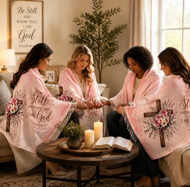 "Be Still And Know That I Am God" Blush Fringe Inspirational Scripture Wrap Shawl