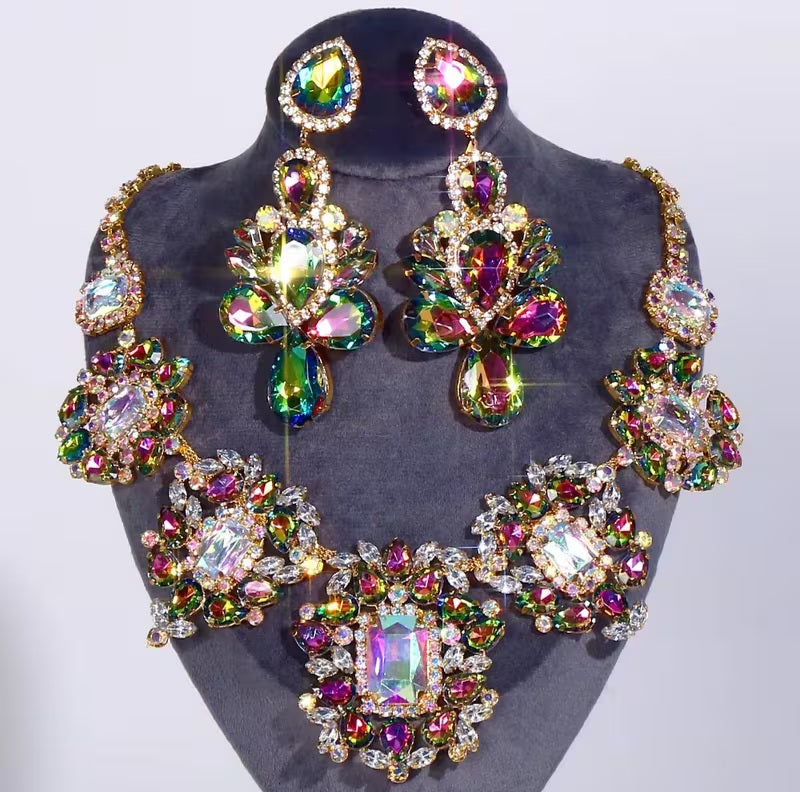 Luxe Vintage Inspired Multicolor AB Crystal Diamante Rhinestone Bejeweled Choker Necklace & Earrings Set