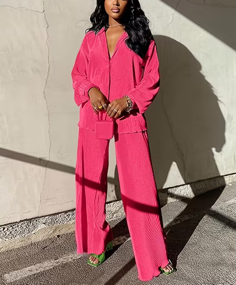 Chic Hot Pink Pleated Tunic Button Closure & Pants Set