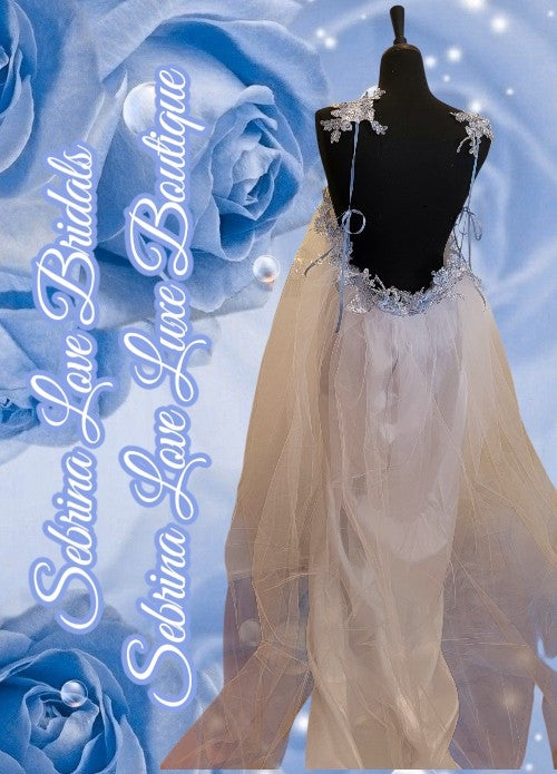 "HEAVENLY" White & Ice Blue Lace & Sequin & Tulle Wedding Ballgown & Headpiece Set