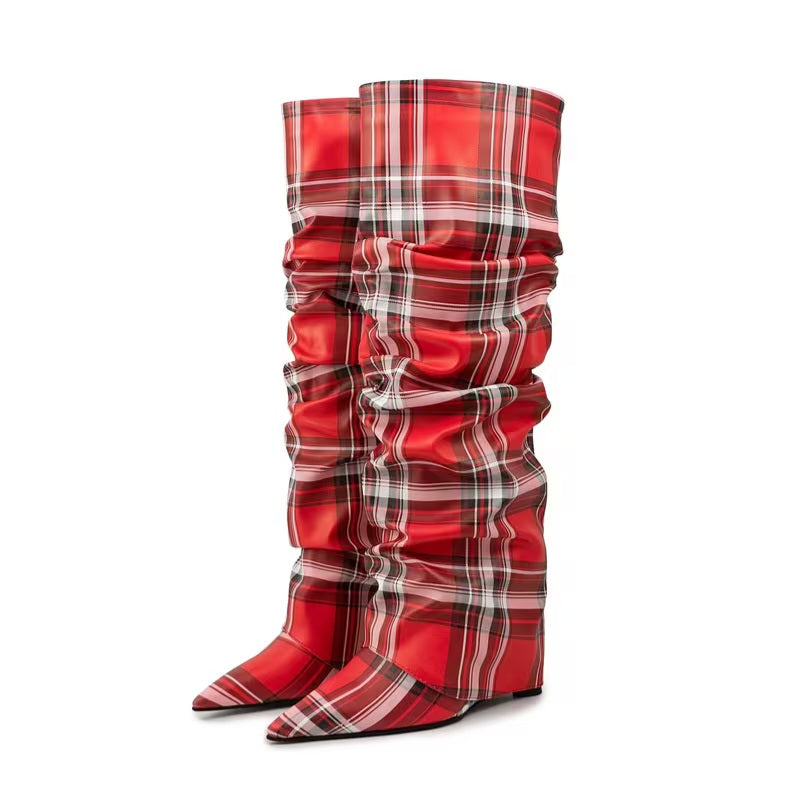 Chic Red Scotland Inspired Plaid Foldover Boots (PRE-ORDER)