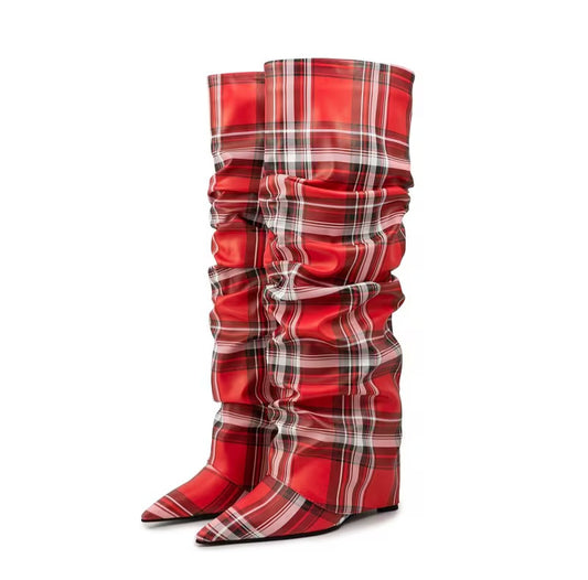 Chic Red Scotland Inspired Plaid Foldover Boots (PRE-ORDER)
