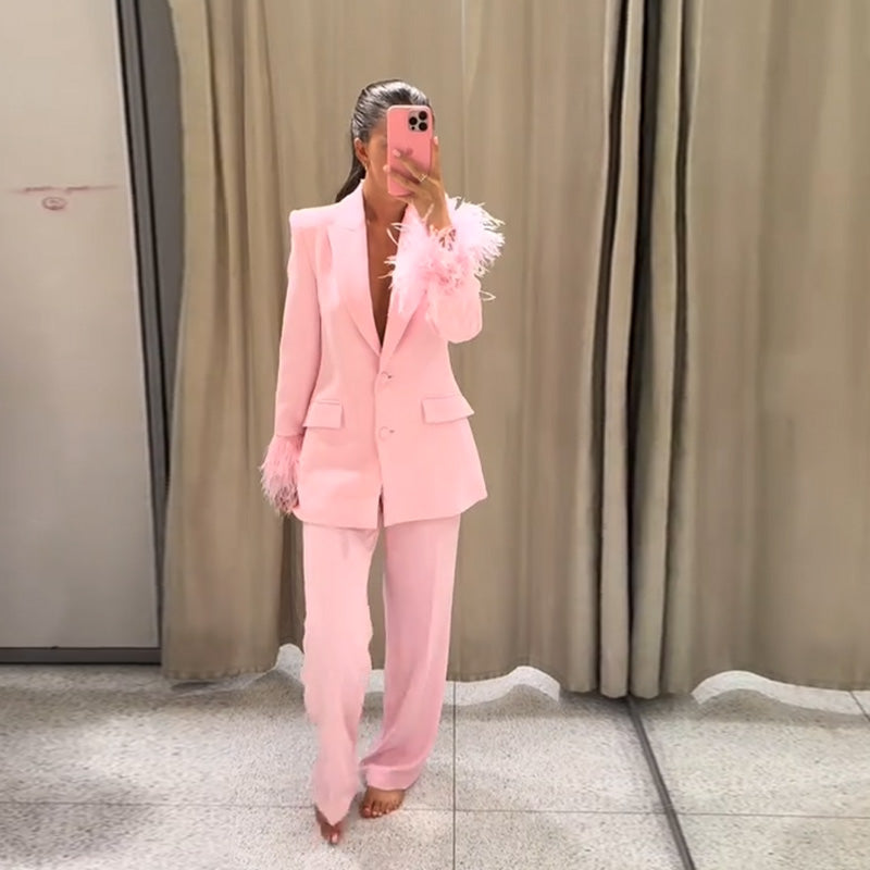 Beautiful Baby Pink Feather Cuff Blazer Jacket & Pants Suit Set