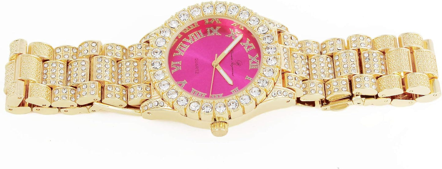 Elegant Gold & Hot Pink Diamante Crystal Bling Watch