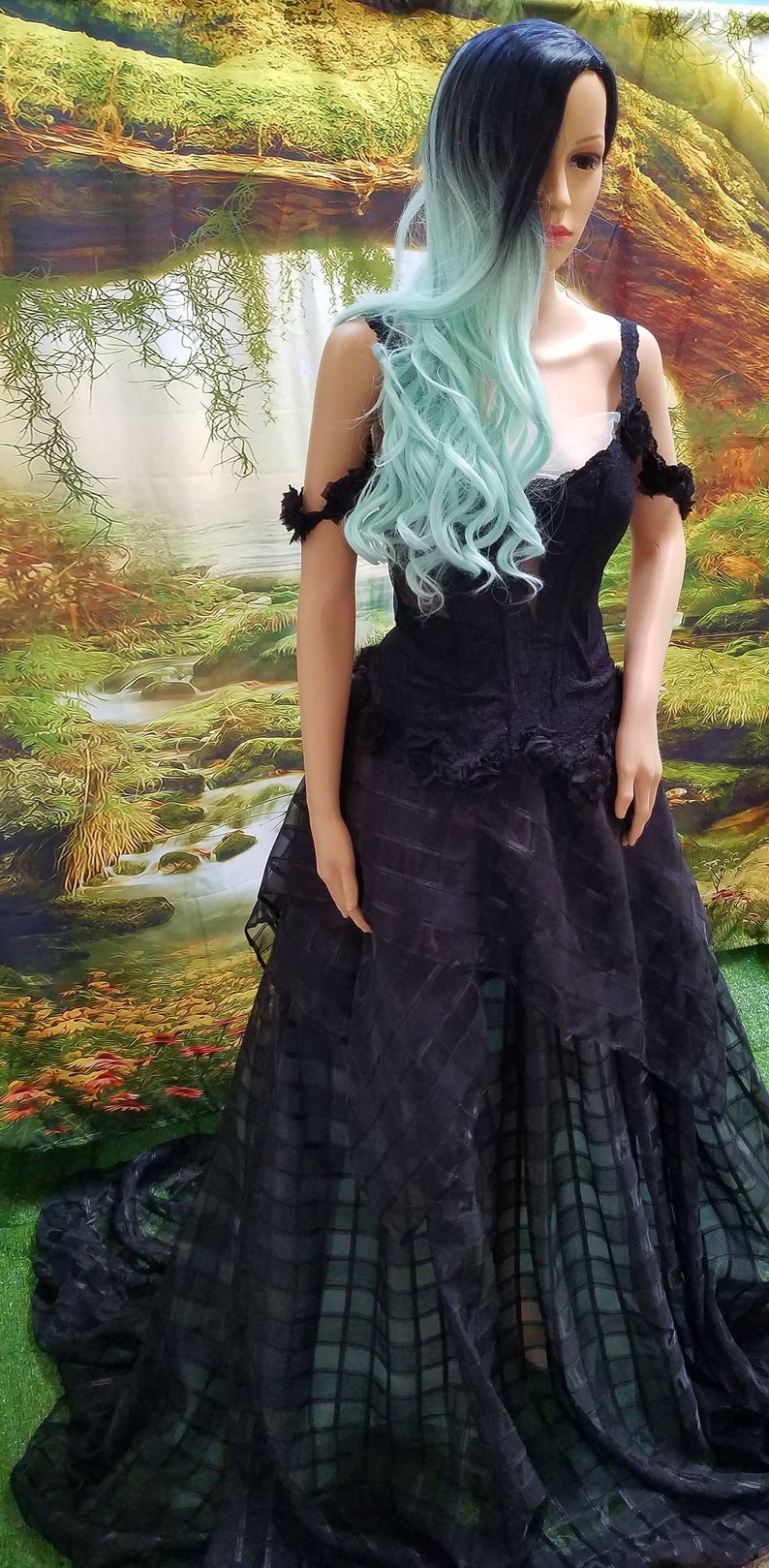 "GWENDOLYN" Custom Order Gothic Romance Black & Green Lace & Tulle Wedding Ballgown Set