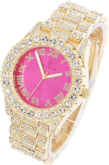 Elegant Gold & Hot Pink Diamante Crystal Bling Watch