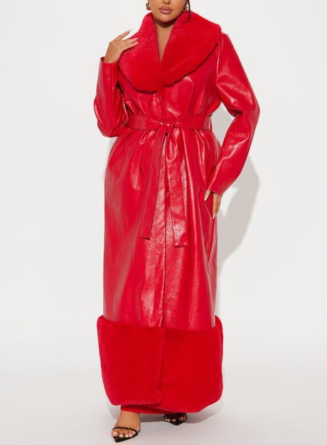 Luxe Red Faux Leather Faux Fur Trim Maxi Coat
