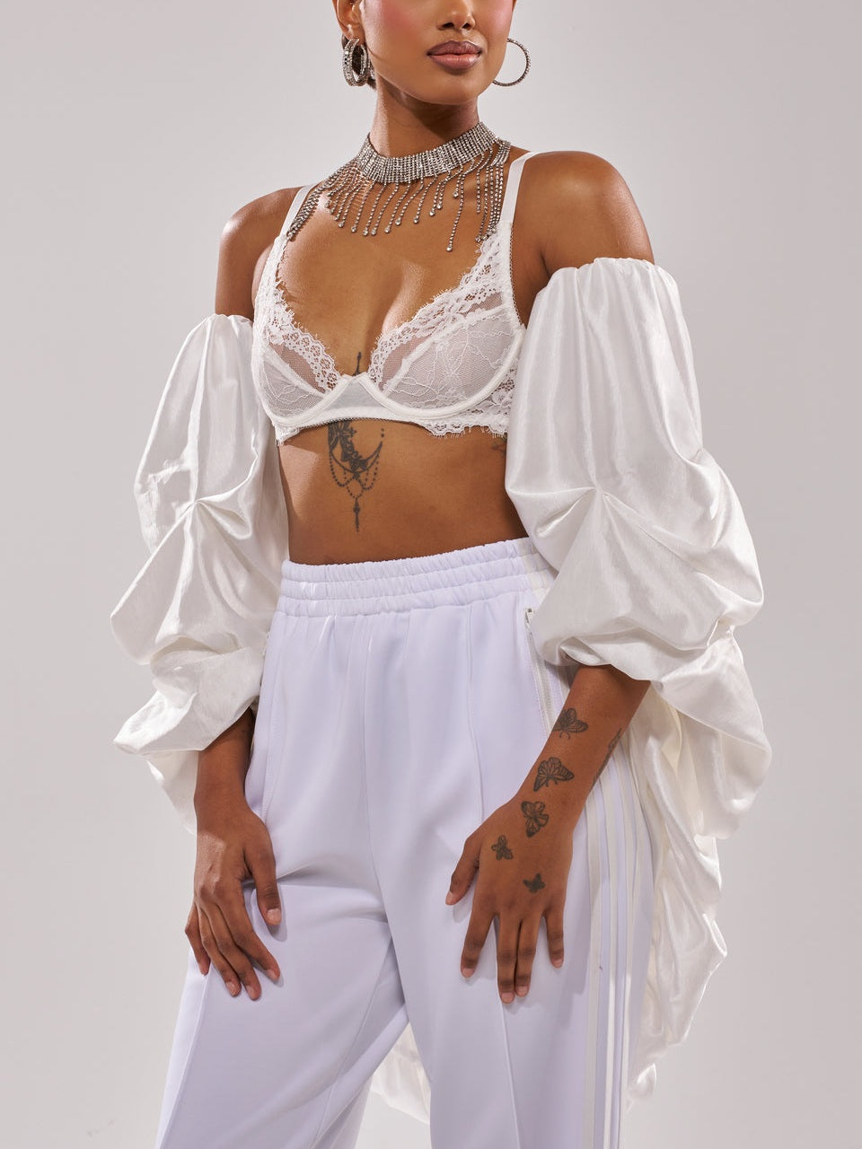 Elegant Off-Shoulder White Satin Ruched Draped Shrug Sweater
