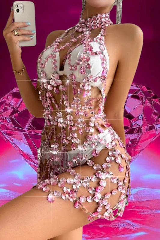 Pink Bejeweled Chanimail High Neck Halter Mini Dress