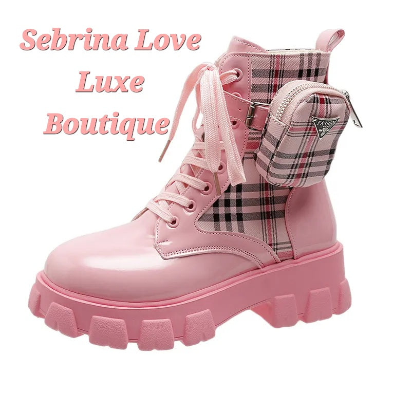 Cute Light Pink Plaid Cargo Detail Combat Boots (PRE-ORDER ITEM)