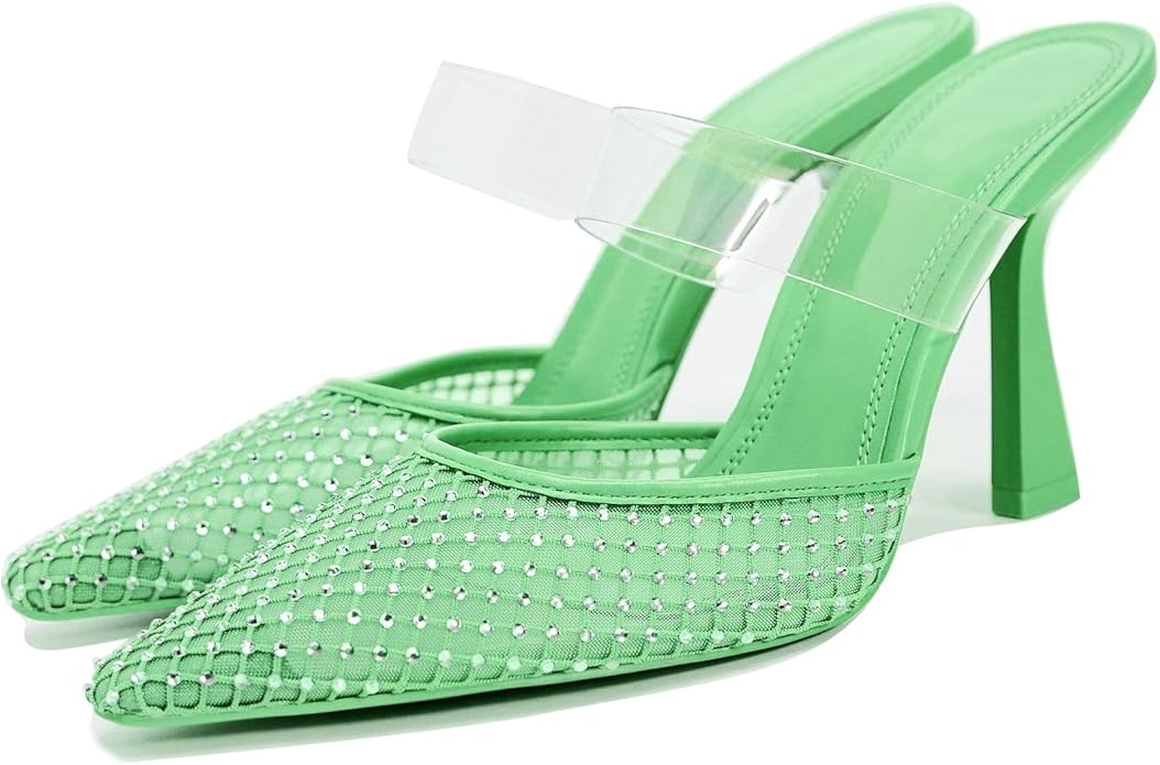 Sexy Green Rhinestone Crystal Diamante Mesh Mule Heels