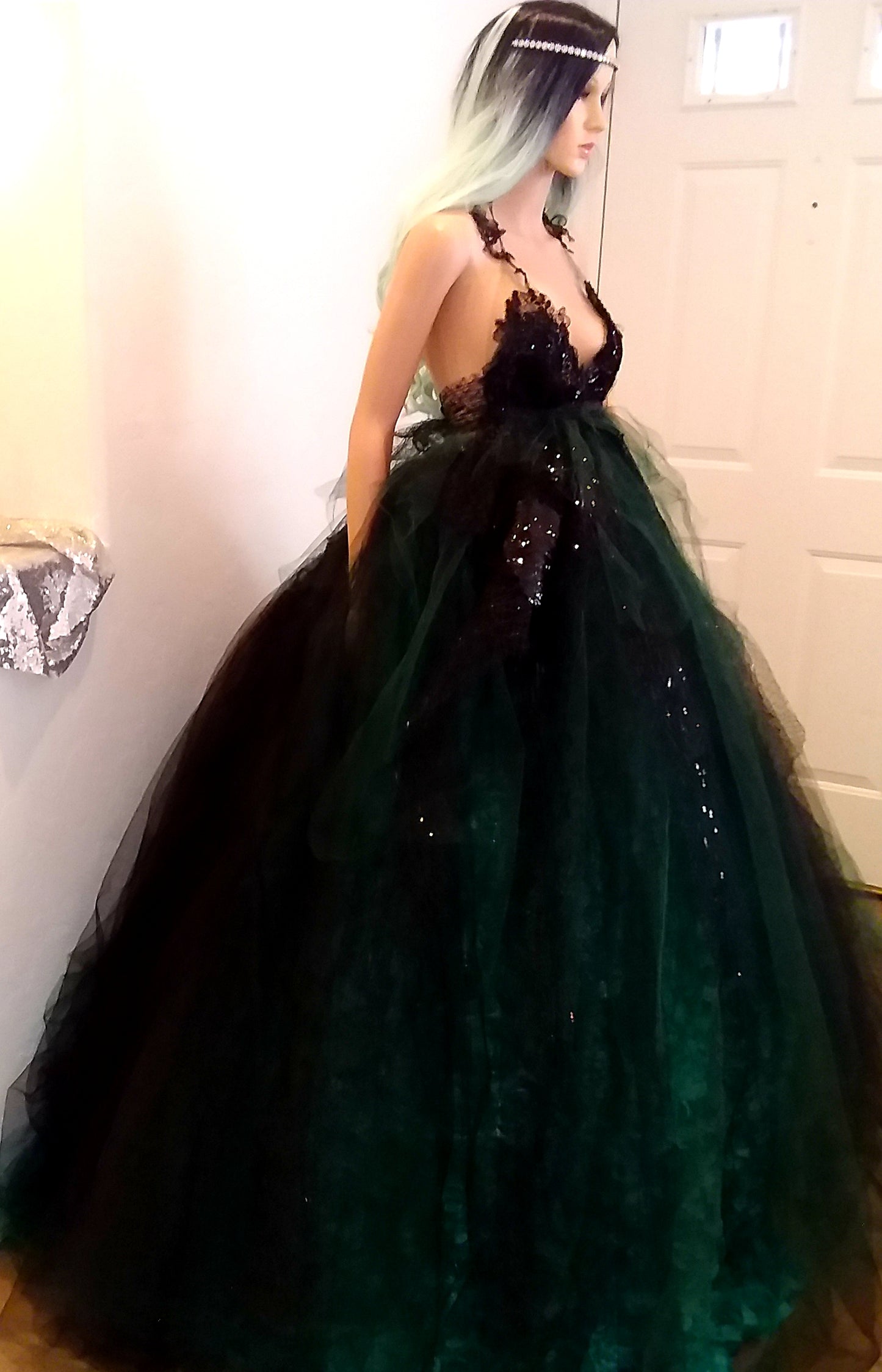 "ESPERANZA" Gothic Romance Black & Green Sequin Lace Tulle 3D Rosette Wedding Ballgown Set (SAMPLE GOWN SET)