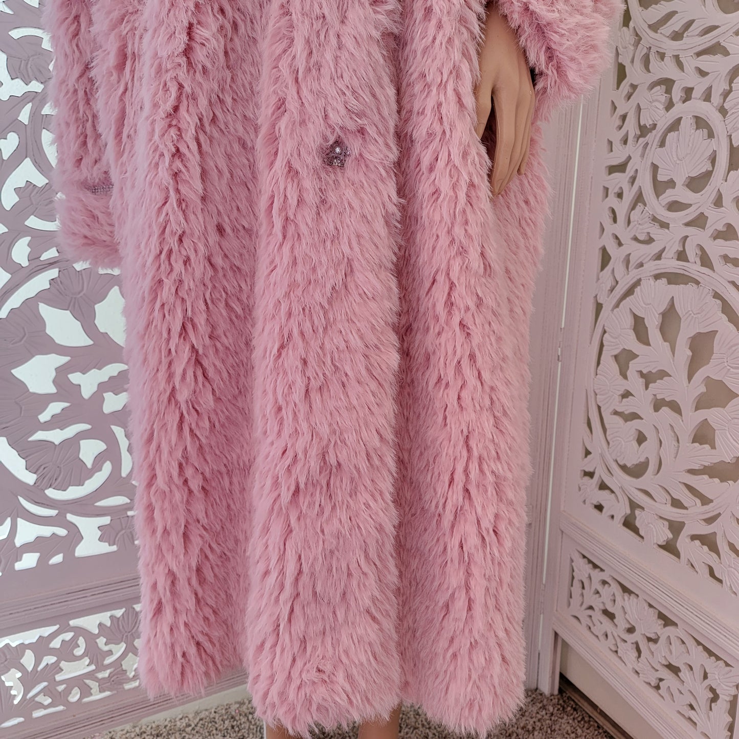 Baby Pink Faux Fur Rhinestone Crystal Embellished Coat