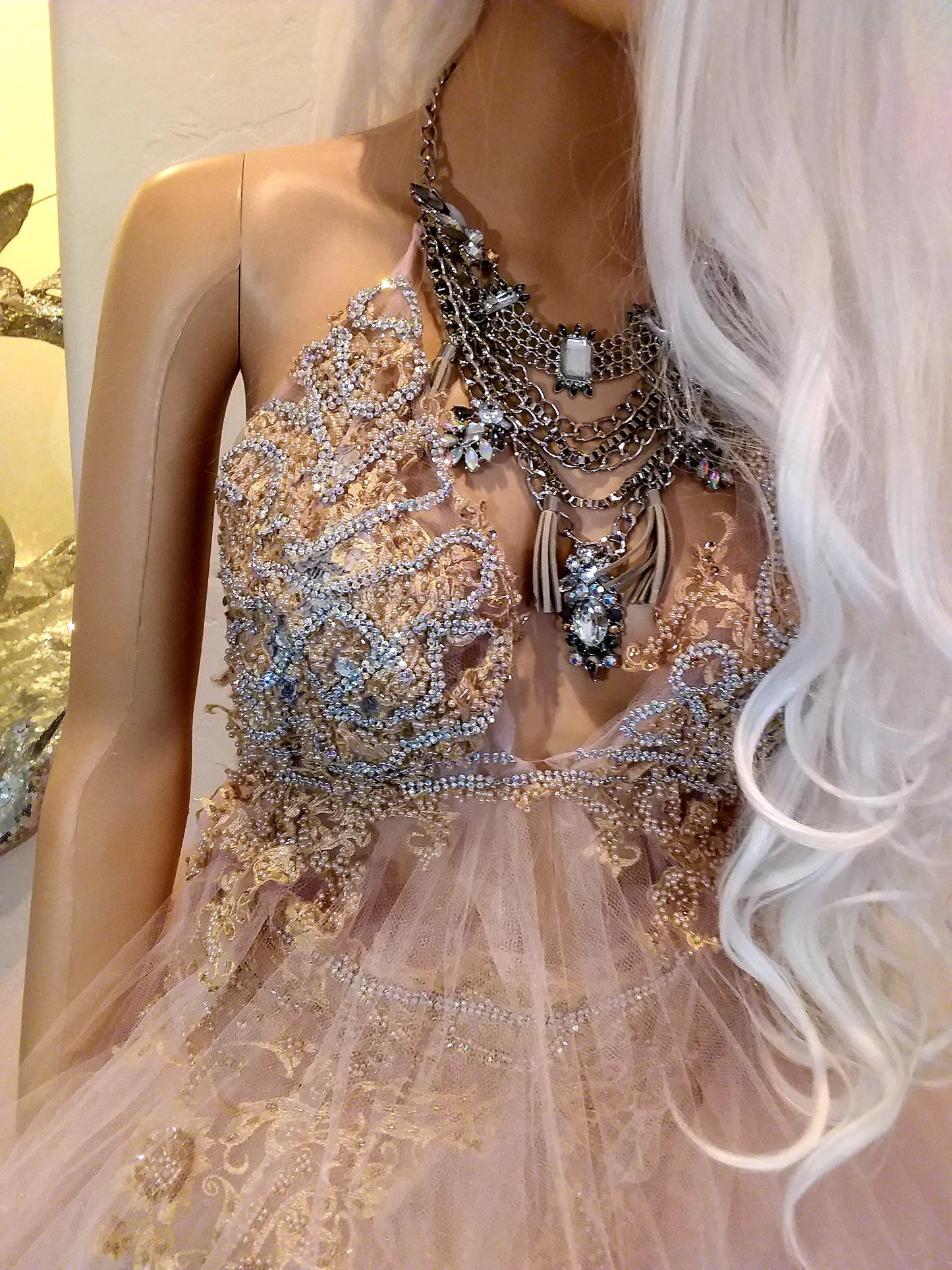 "ANNABELLA"Boho Blush Lace & Tulle Wedding Ballgown Set