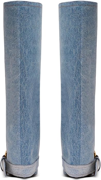 Chic Light Wash Blue Denim Foldover Buckle Detail Knee Boots