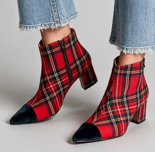 Scottish Inspired Red Stewart Plaid Velvet Toe Ankle Boots