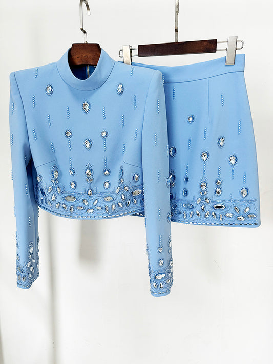 Beautiful Baby Blue Rhinestone Bejeweled 2 Piece Bolero Jacket & Mini Skirt Set