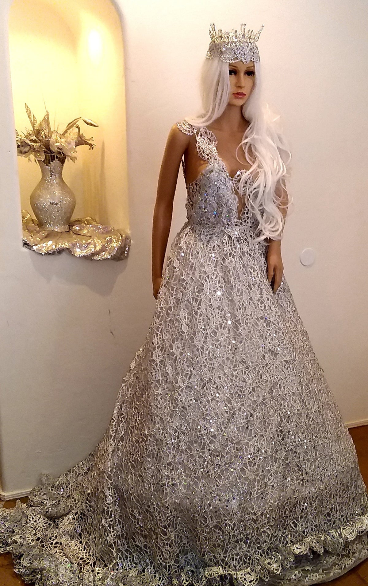 Regal 2pc Medieval Inspired Silver Lace Crystal Rhinestone Bejeweled Bridal Headpiece