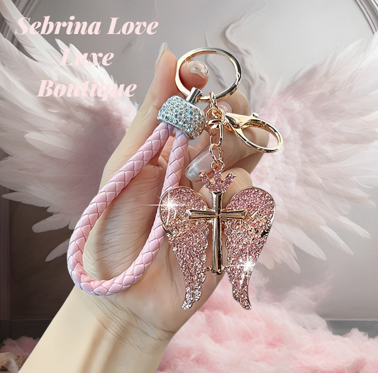 Beautiful Christian Pink Rhinestone Crystal Angel Wings & Cross Key Chain