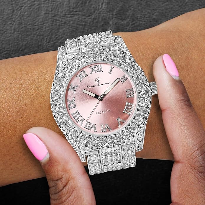 Elegant Silver & Pink Diamante Crystal Bling Watch