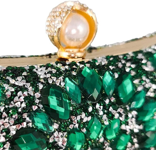 Elegant Green & Gold Rhinestone Crystal Evening Purse