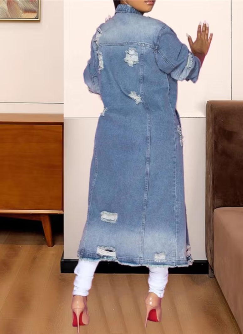 Cool Distressed Blue Denim Maxi Coat Jacket