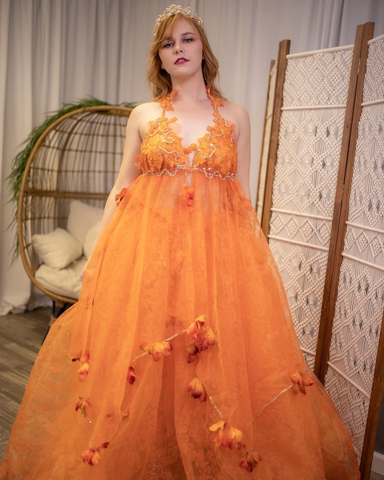 "HARVEST" Orange Organza Fall Leaves Crystal Wedding Ballgown Set (SAMPLE GOWN SET ONLY)