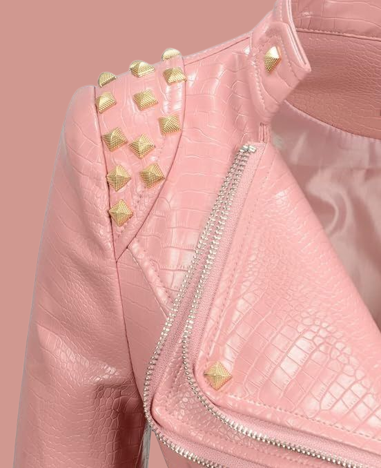 Edgy Pink Studded Faux Leather Rocker Biker Jacket