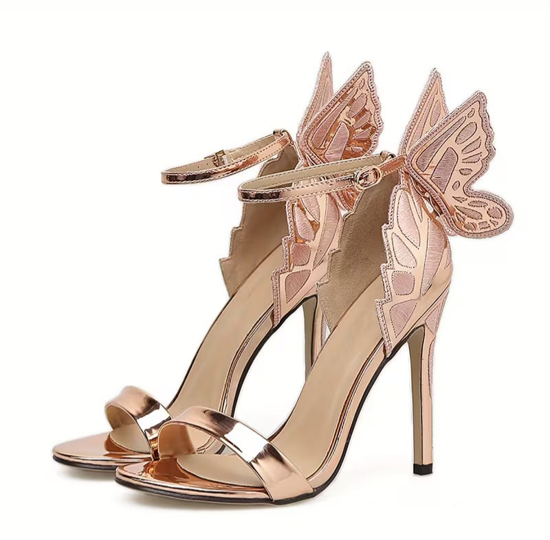 Ethereal Champagne Rose Gold Sparkling Butterfly Ankle Strap Sandal Heels