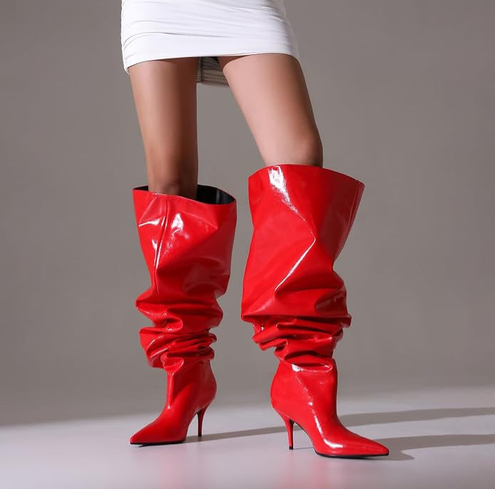 Sexy Red Faux Patent Leather Slouchy Thigh Boots