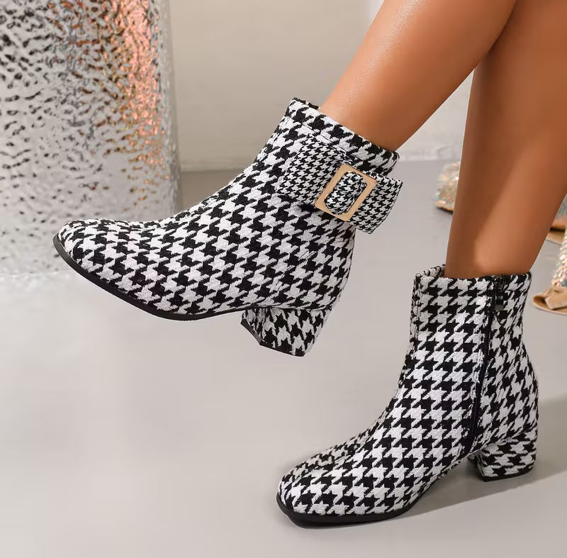 Classic Black & White Houndstooth Buckle Detail Low Block Heel Ankle Booties