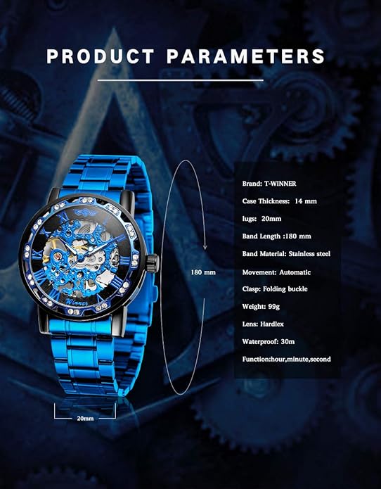 Elegant Cobalt Blue Men's Diamante Crystal Bling Watch