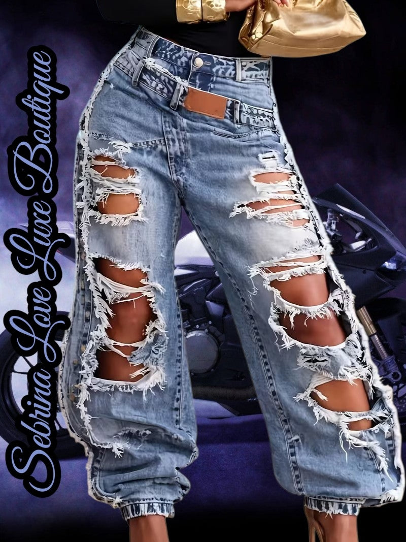 Edgy Distressed Boho Light Medium Blue Denim Jeans