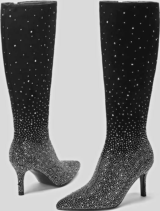 Sexy Black Sparkly Rhinestone Crystal Knee Boots