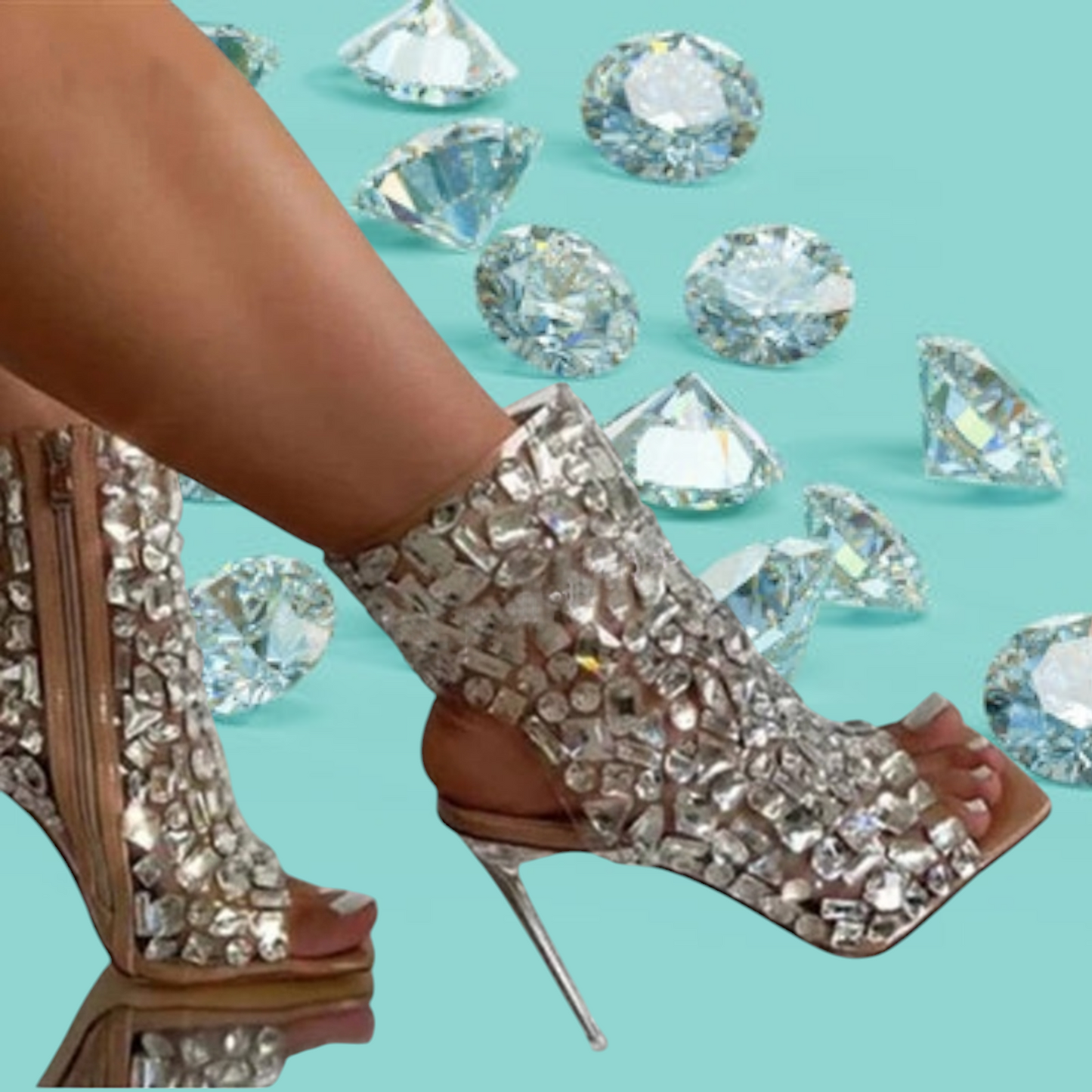 Beautiful Rhinestone Crystal Diamante Peeptoe Ankle Booties