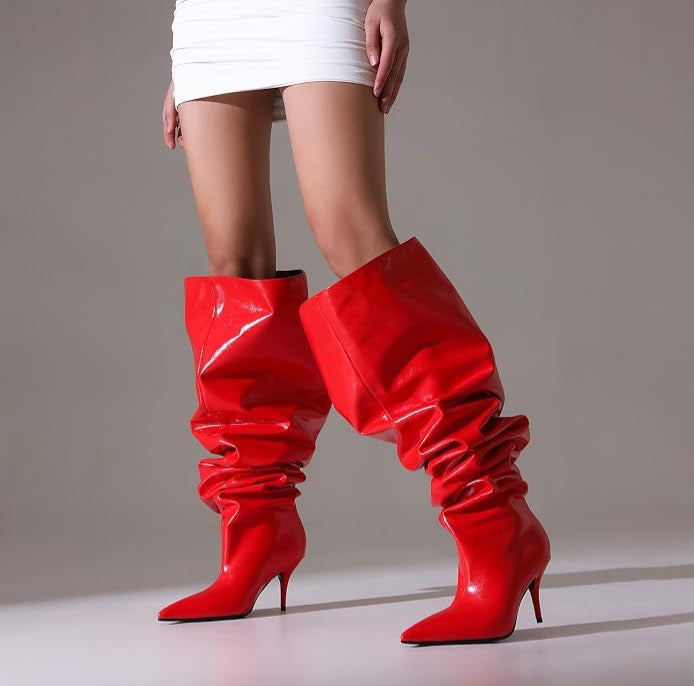 Sexy Red Faux Patent Leather Slouchy Thigh Boots