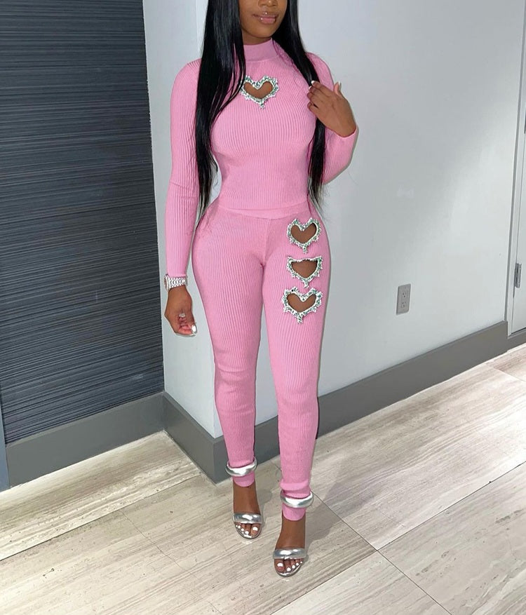 Sexy Pink Knit 2 Piece Rhinestone Cutout Set