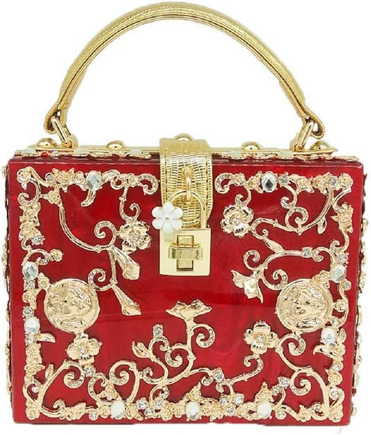 Elegant Red & Gold Filigree Handbag Clutch Purse