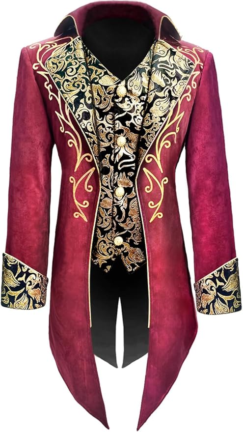 Men's Red & Gold Medieval Gothic Renaissance Victorian Inspired Steampunk Formal Tails Coat Costume