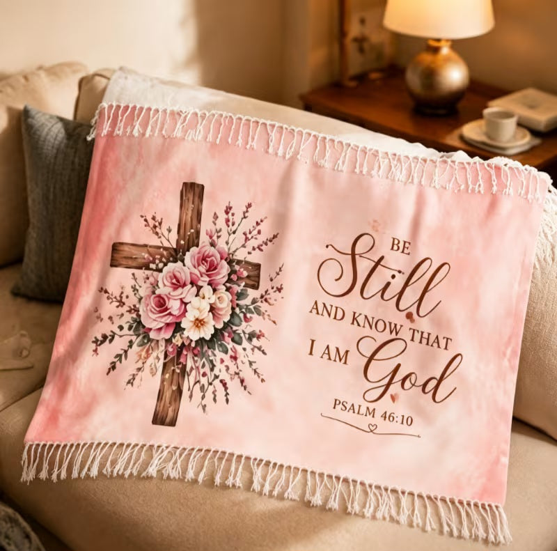 "Be Still And Know That I Am God" Blush Fringe Inspirational Scripture Wrap Shawl