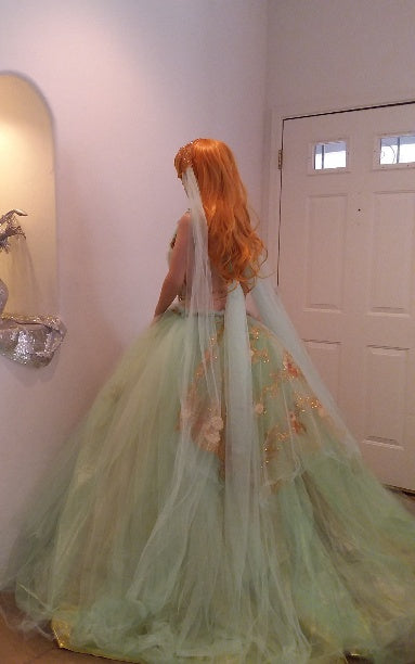 The "ZOEY" Mint Green Tulle Crystal Embroidered Gold Lace Wedding Ballgown Set (Custom Order)