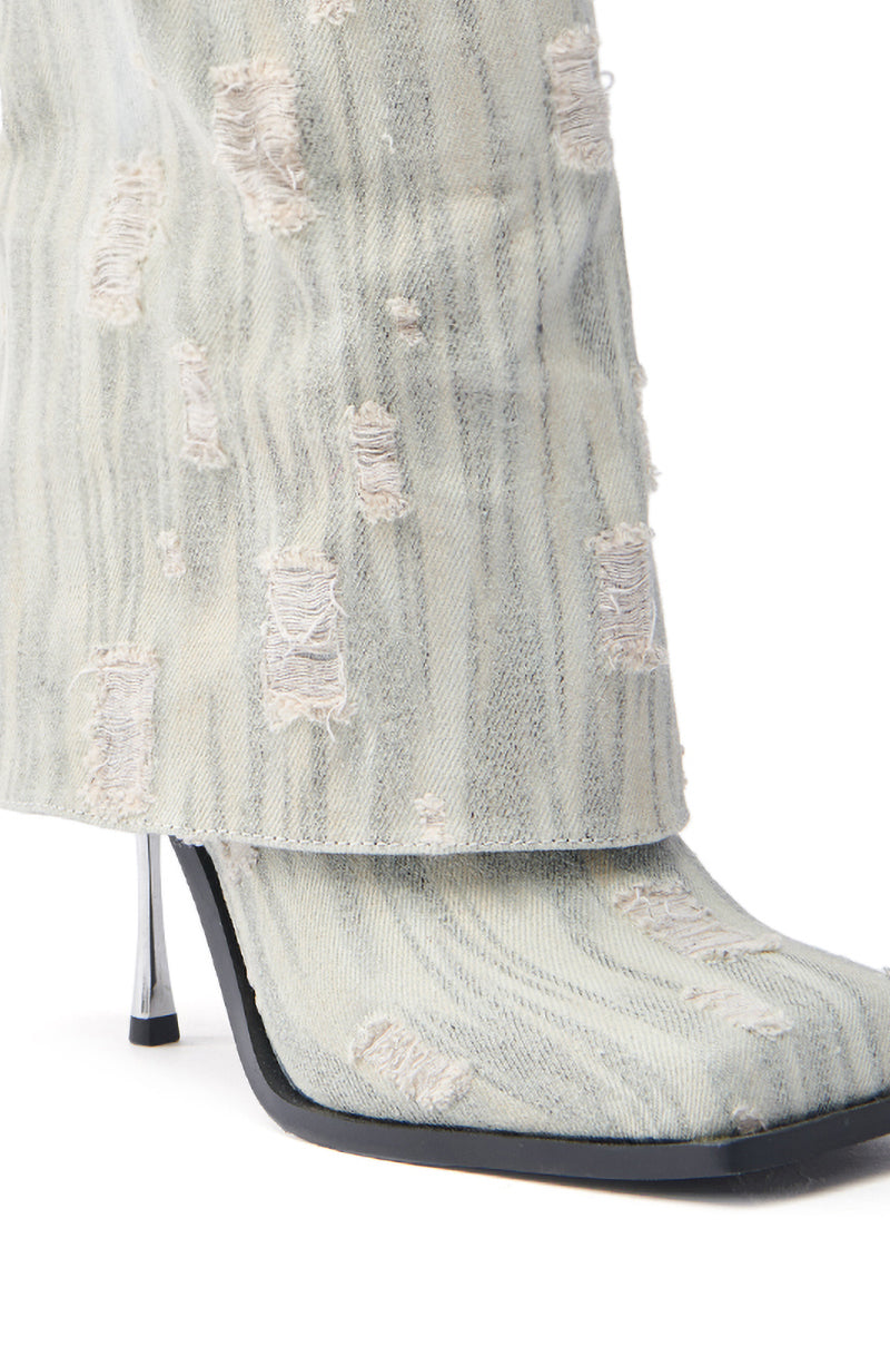 Chic Light Wash Blue Gray Distressed Denim Stiletto Heel Mid Calf Boots