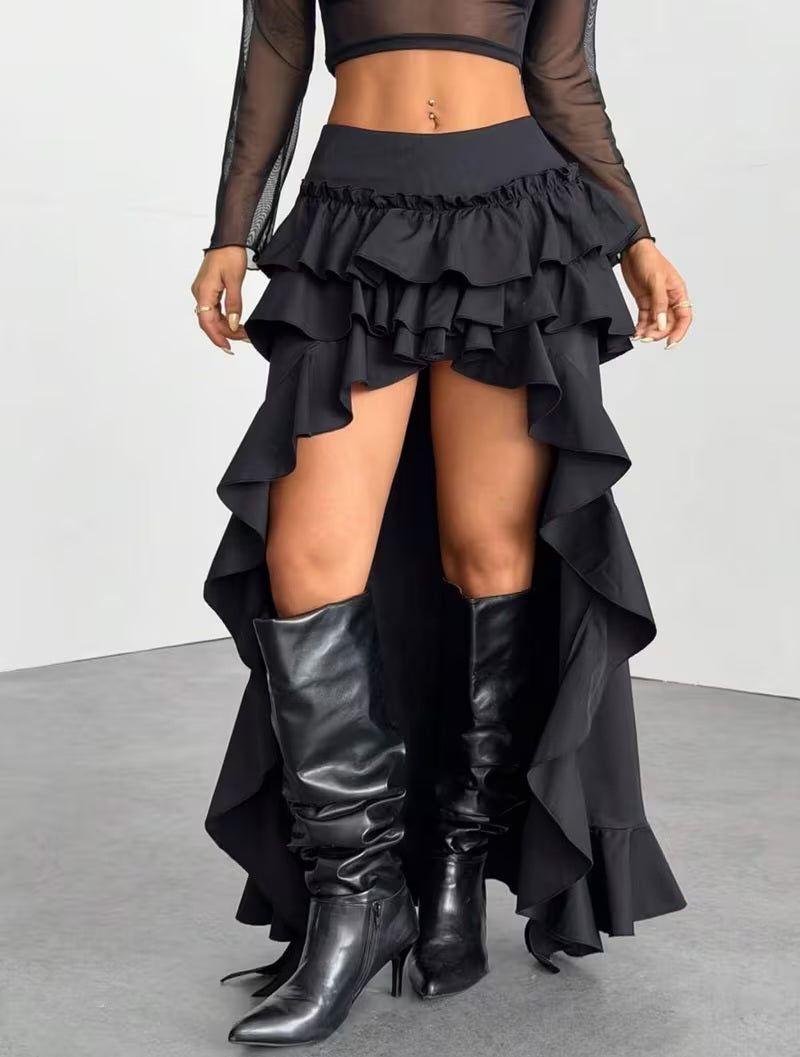 Gothic Black Ruffle Tiered High Low Maxi Skirt