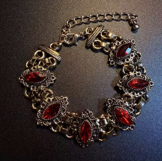 Gothic Romance Victorian Vintage Medieval Inspired Red Faux Ruby & Anique Gold Color Bracelet