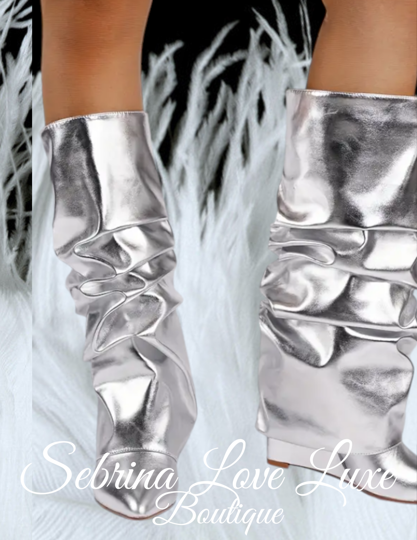 Beautiful Silver Metallic Foldover Slouchy Boots