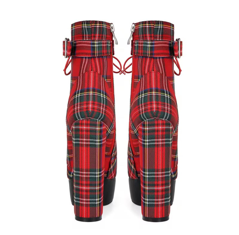 Scottish Inspired Red Stewart Tartan Plaid Round Toe Platform Combat Ankle Boots
