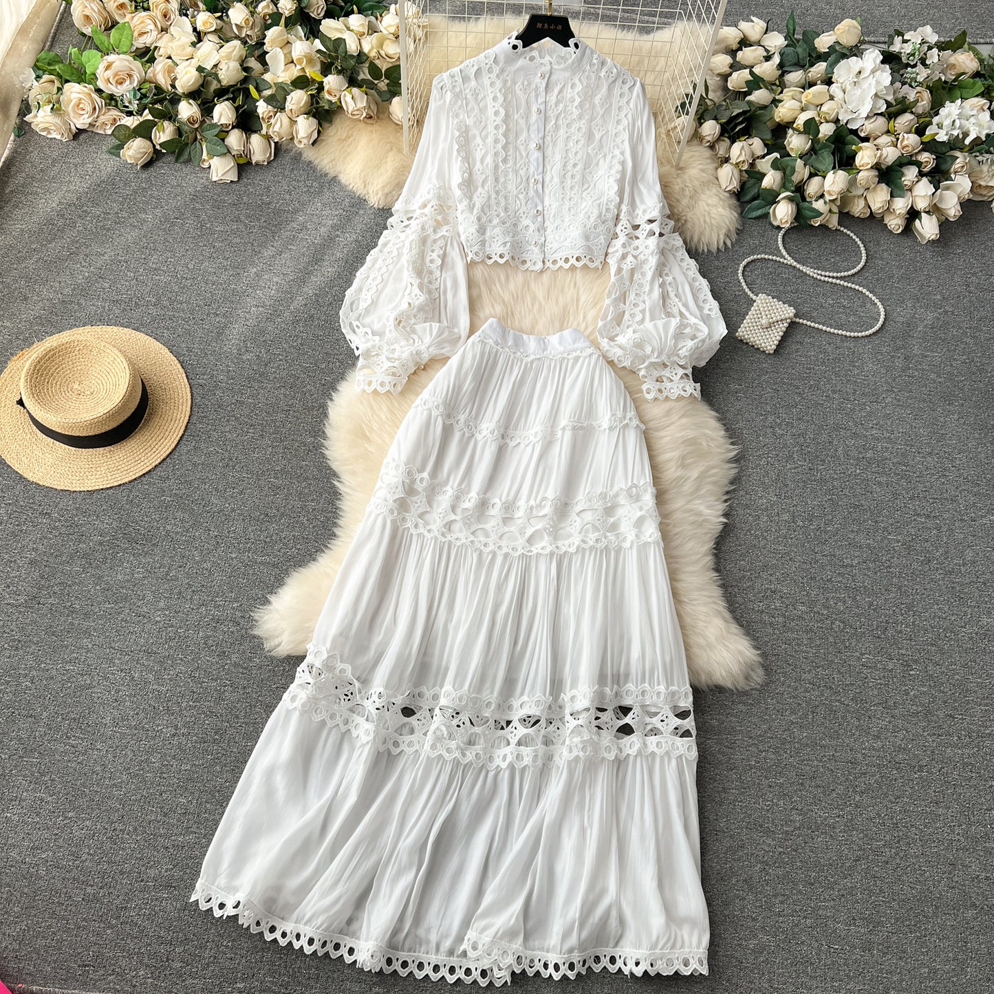 Romantic White Boho Bell Sleeve Top & Maxi Skirt Set