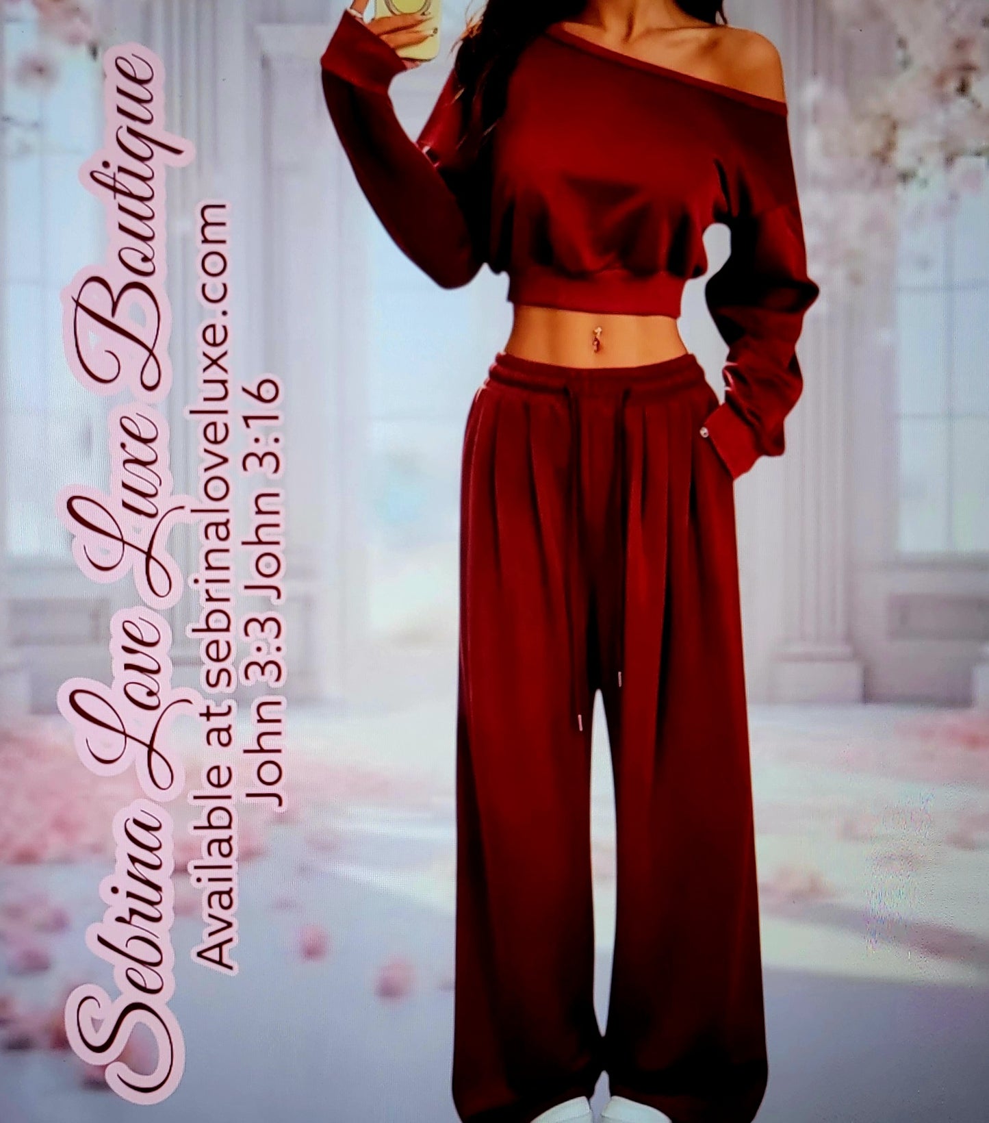 Cozy Deep Red Cropped Sweatshirt & Wide Leg Jogger Set