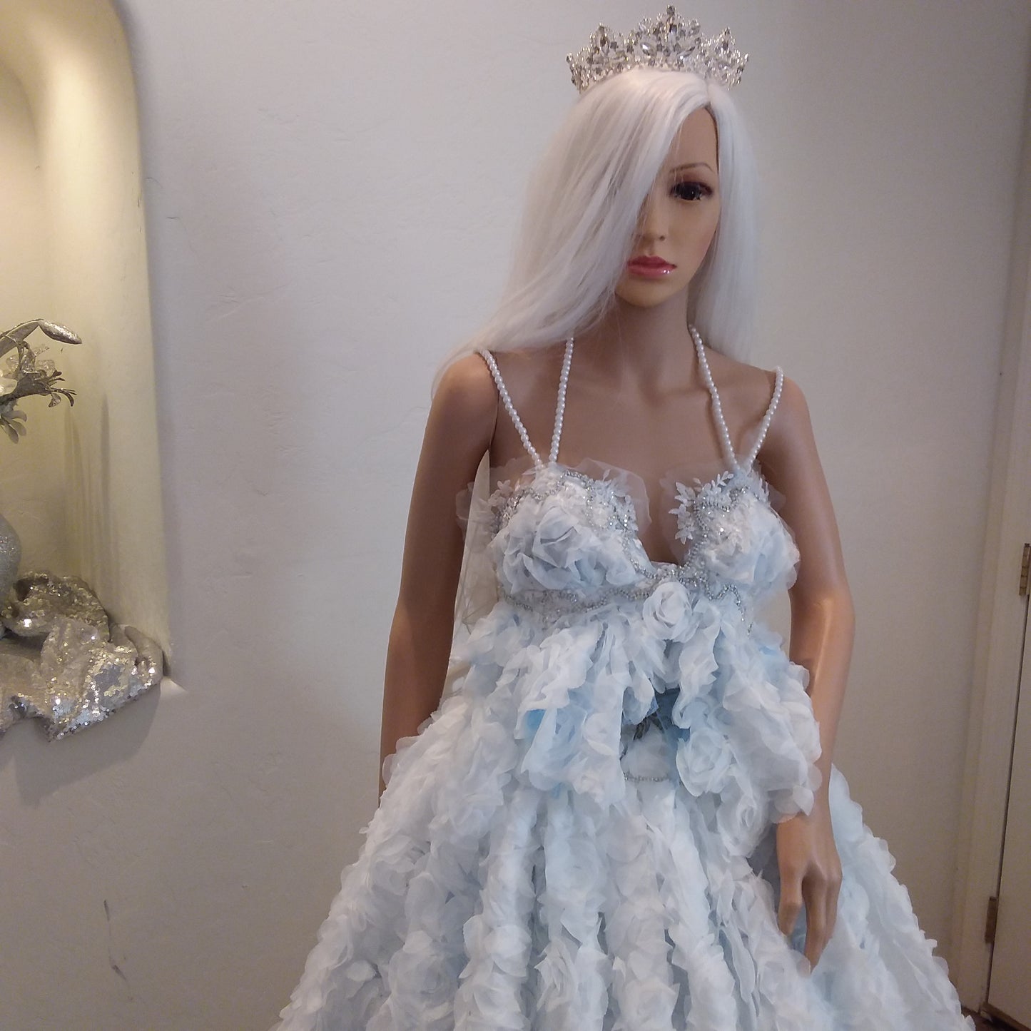 "BROOKLYN" White 3D Chiffon Rosette Blue Lace Wedding Ballgown Set
